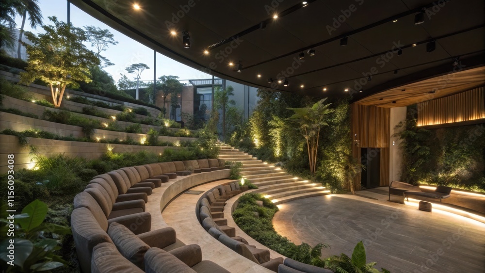 Obraz premium Innovative indoor garden amphitheater blending natural elements with modern architecture, creating a tranquil event space illuminated by soft lighting and lush greenery