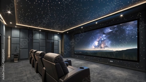 Luxurious home cinema room featuring a large screen displaying a stunning night sky view, complemented by comfortable leather recliners and a starry ceiling