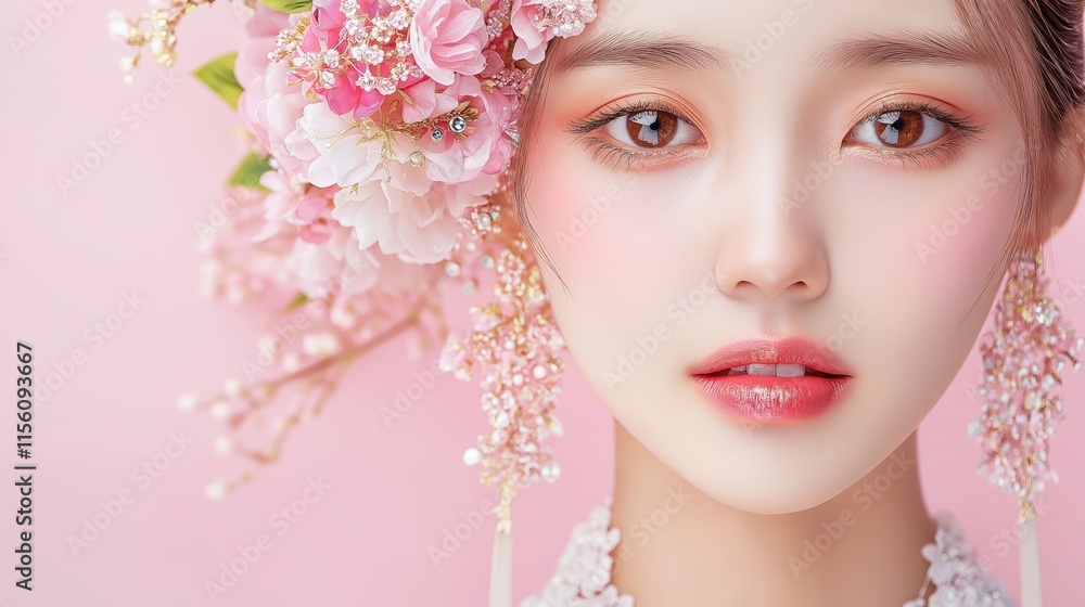 Elegant floral adorned woman with soft pink makeup and delicate blossoms Elegant floral adorned woman with soft pink makeup and delicate blossoms