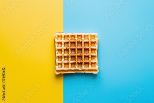 Golden Waffle on Yellow and Blue Background photo