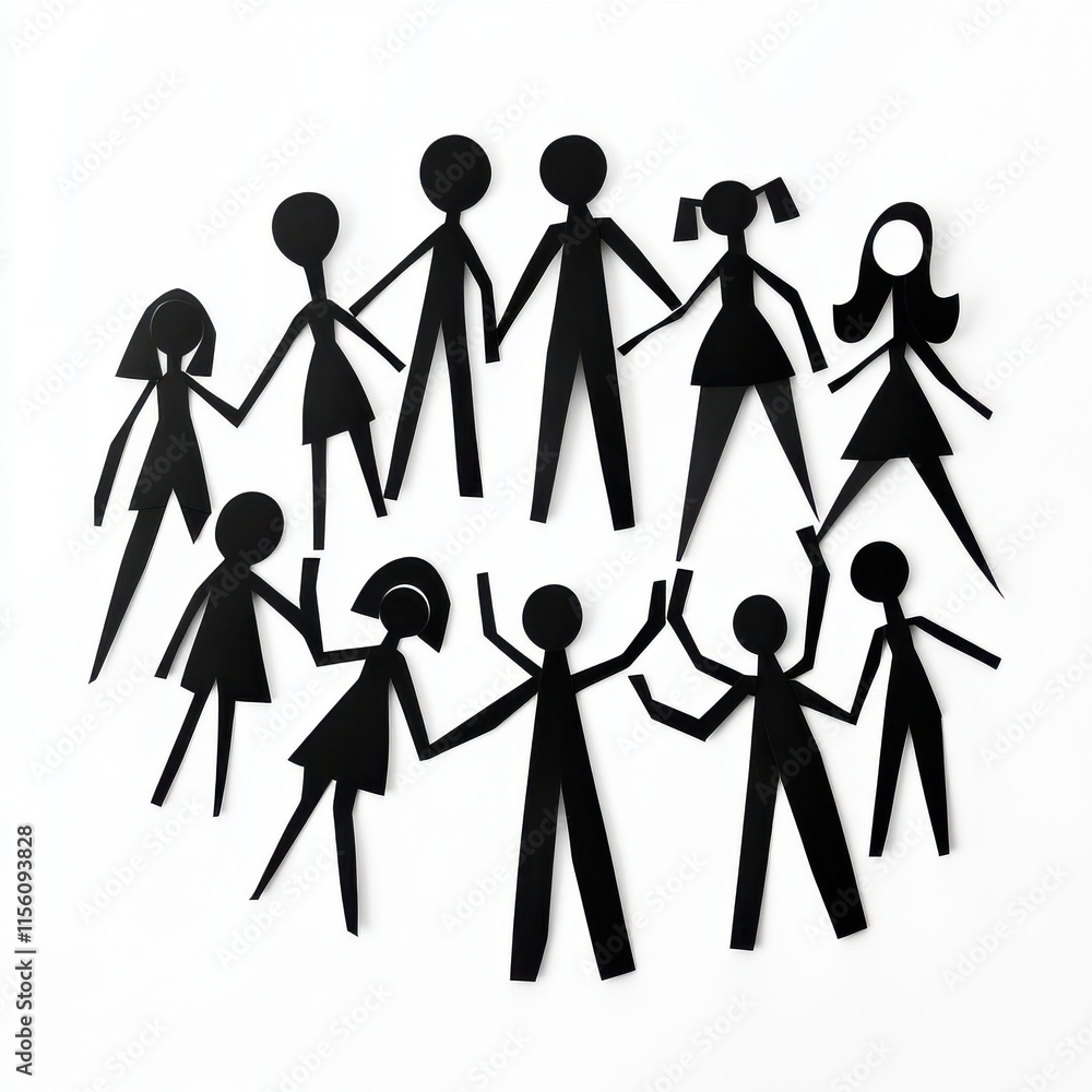 A diverse group of ten playful, stylized paper cut-out figures in black, representing unity and friendship. A diverse group of ten playful, stylized paper cut-out figures in black, representing unity and friendship.