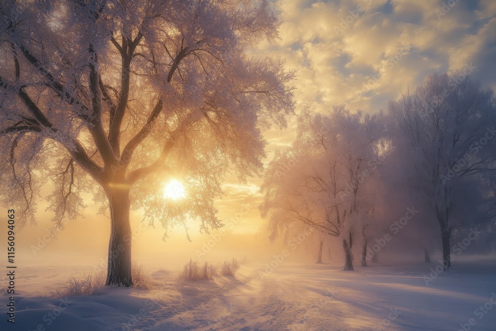 Winter Sunrise Frost Covered Trees Scenic Landscape Winter Sunrise Frost Covered Trees Scenic Landscape