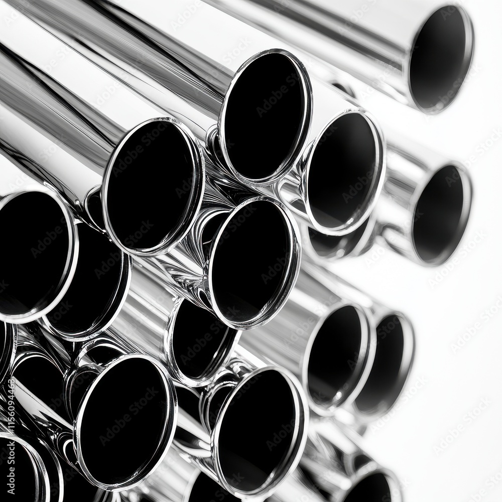 Close-up of shiny, chrome-plated metal tubes reflecting light in a modern artistic arrangement. Close-up of shiny, chrome-plated metal tubes reflecting light in a modern artistic arrangement.