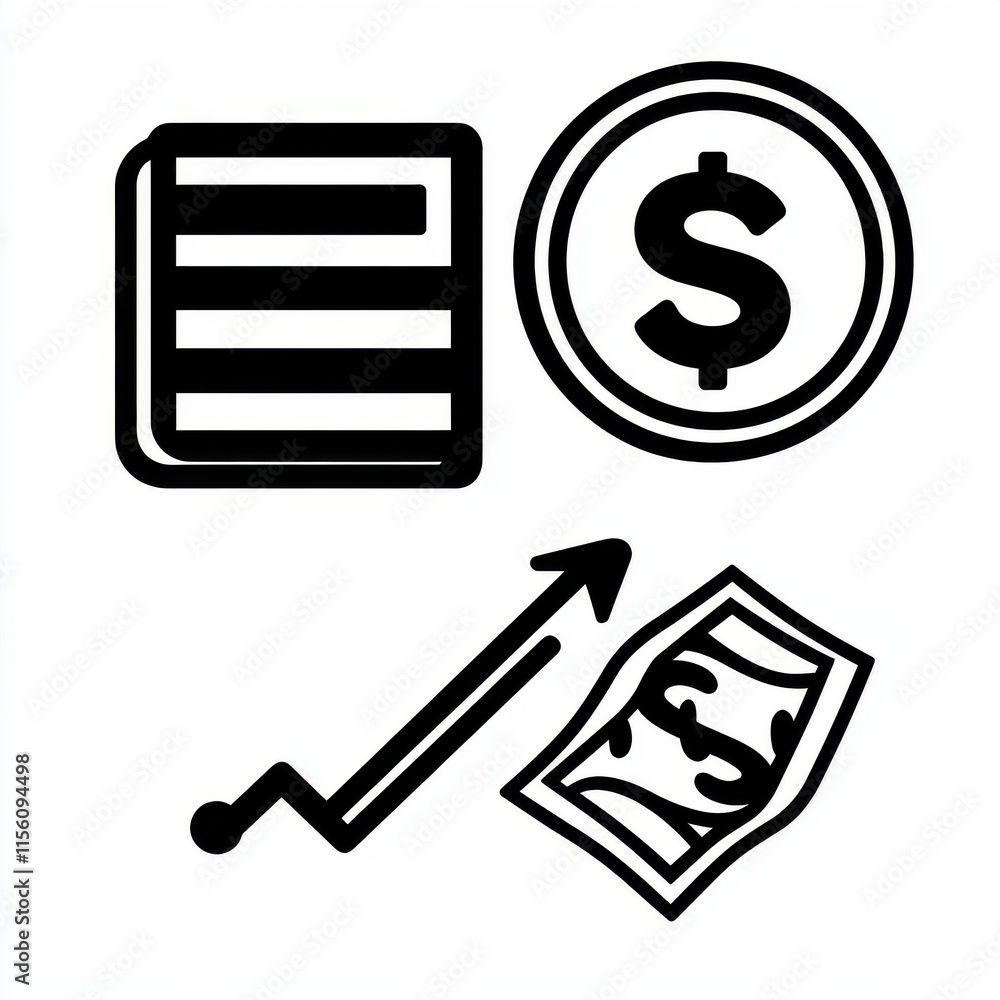 Illustration depicting financial growth with documents, a dollar sign, and an upward trend. Illustration depicting financial growth with documents, a dollar sign, and an upward trend.