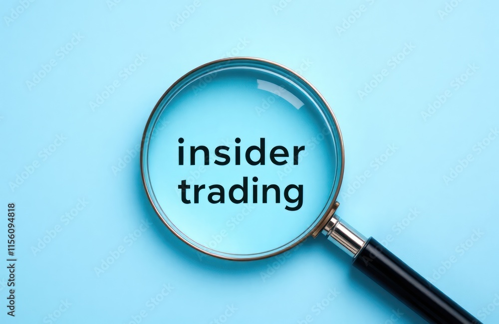 Magnifying glass focuses on insider trading concept. Financial crime investigation emphasized on blue background. Business concept for analysis, investigation of stock market trends. Investigation, Magnifying glass focuses on insider trading concept. Financial crime investigation emphasized on blue background. Business concept for analysis, investigation of stock market trends. Investigation,