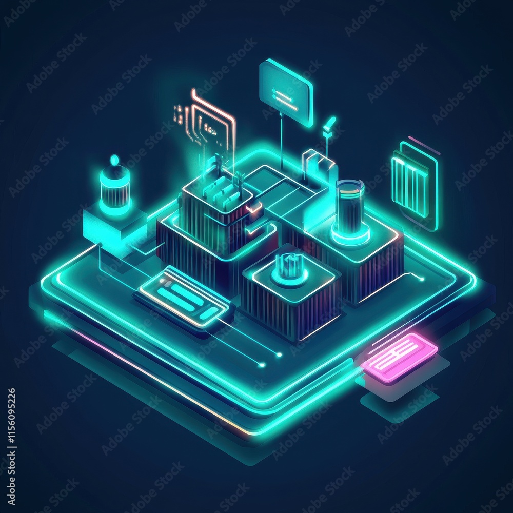 Futuristic neon-lit digital landscape showcasing innovative technology and data processing. Futuristic neon-lit digital landscape showcasing innovative technology and data processing.