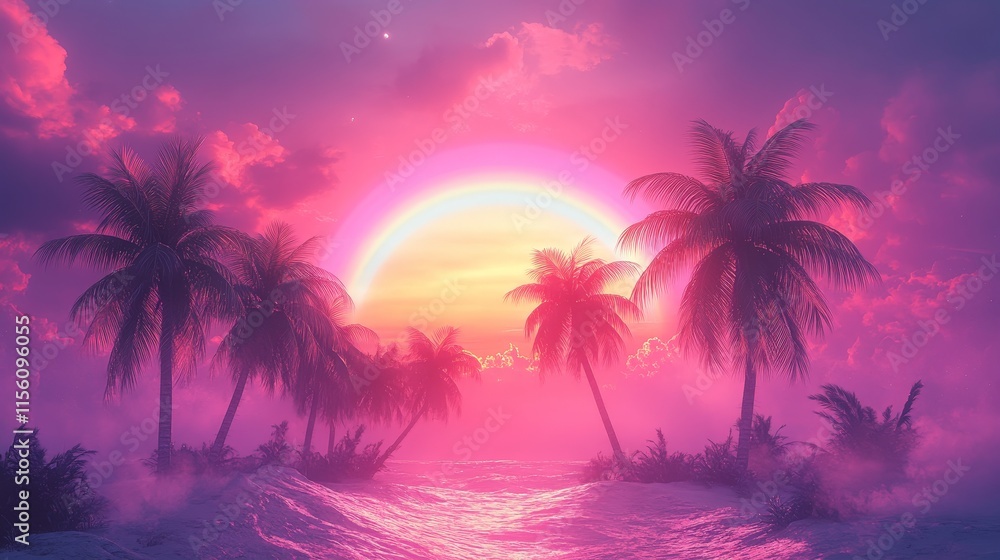 Tropical Palms Under Rainbow in Vibrant Paradise Scene Tropical Palms Under Rainbow in Vibrant Paradise Scene