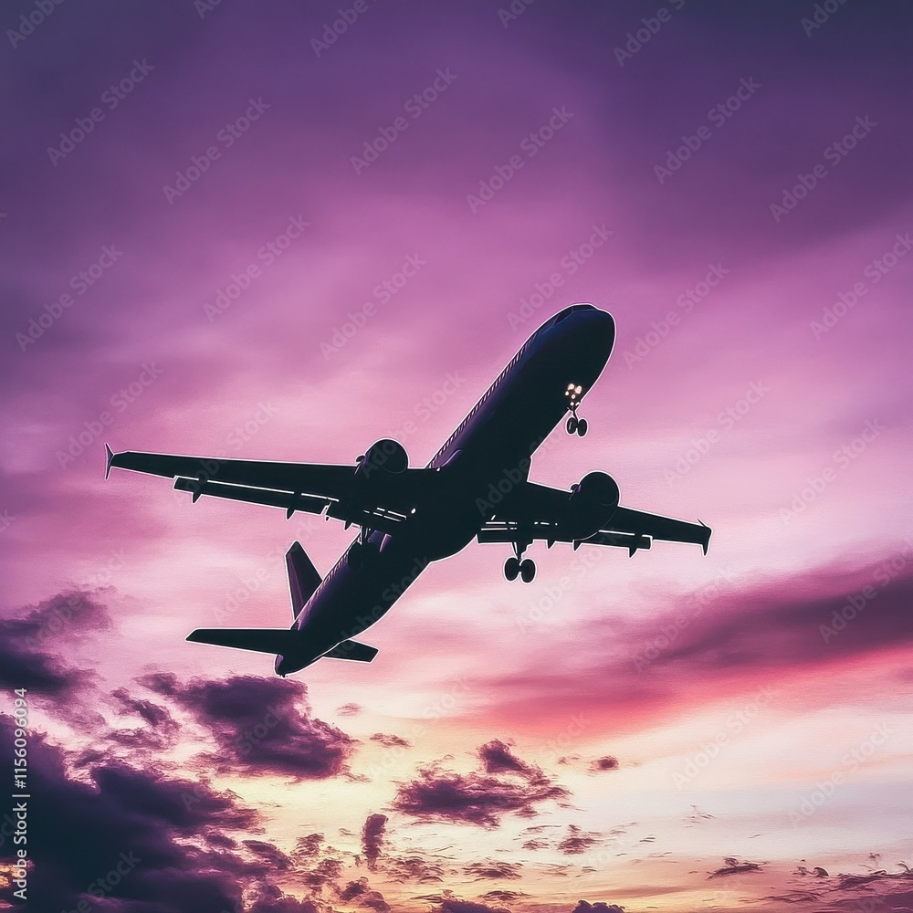 A silhouetted airplane soaring through a vibrant purple and pink sunset sky. A silhouetted airplane soaring through a vibrant purple and pink sunset sky.