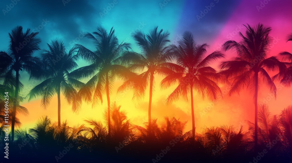Tropical Palms Under Rainbow in Vibrant Paradise Scene Tropical Palms Under Rainbow in Vibrant Paradise Scene