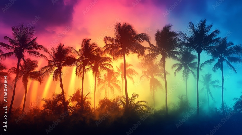 Tropical Palms Under Rainbow in Vibrant Paradise Scene Tropical Palms Under Rainbow in Vibrant Paradise Scene