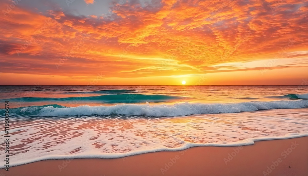 Obraz premium A serene sunset over the ocean with vibrant skies and gentle waves on a sandy beach.