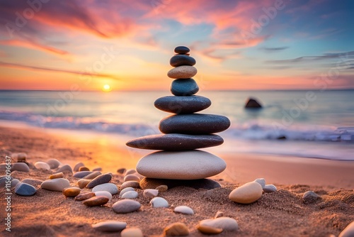 stacked stones on sandy beach at sunset. Meditation, relaxation, coastal tranquil scene. Zen themes, wellness, nature, mindfulness and mental health, life balance, travel concept