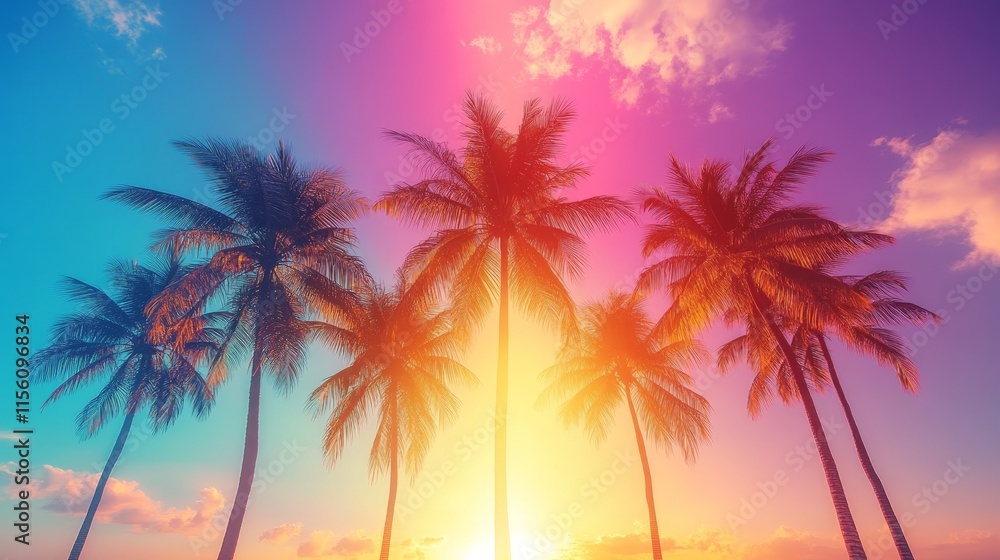 Tropical Palms Under Rainbow in Vibrant Paradise Scene Tropical Palms Under Rainbow in Vibrant Paradise Scene