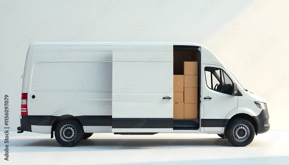 A sleek delivery van with open doors revealing organized cargo in a minimalist setting. A sleek delivery van with open doors revealing organized cargo in a minimalist setting.