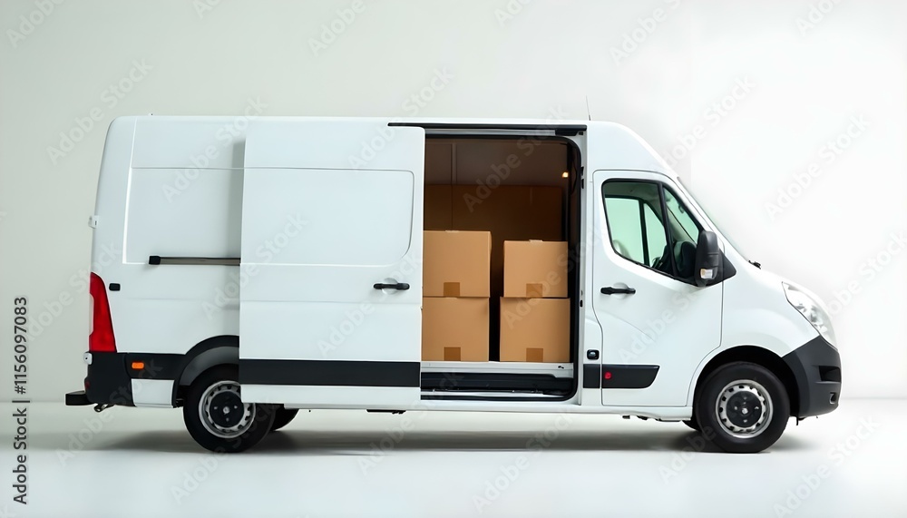 A sleek delivery van with open doors revealing organized cargo in a minimalist setting. A sleek delivery van with open doors revealing organized cargo in a minimalist setting.