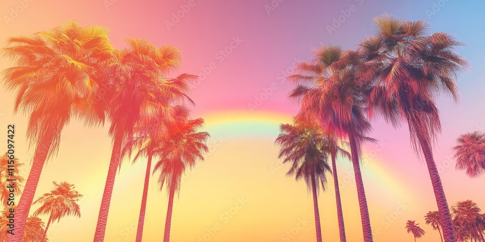 Tropical Palms Under Rainbow in Vibrant Paradise Scene Tropical Palms Under Rainbow in Vibrant Paradise Scene