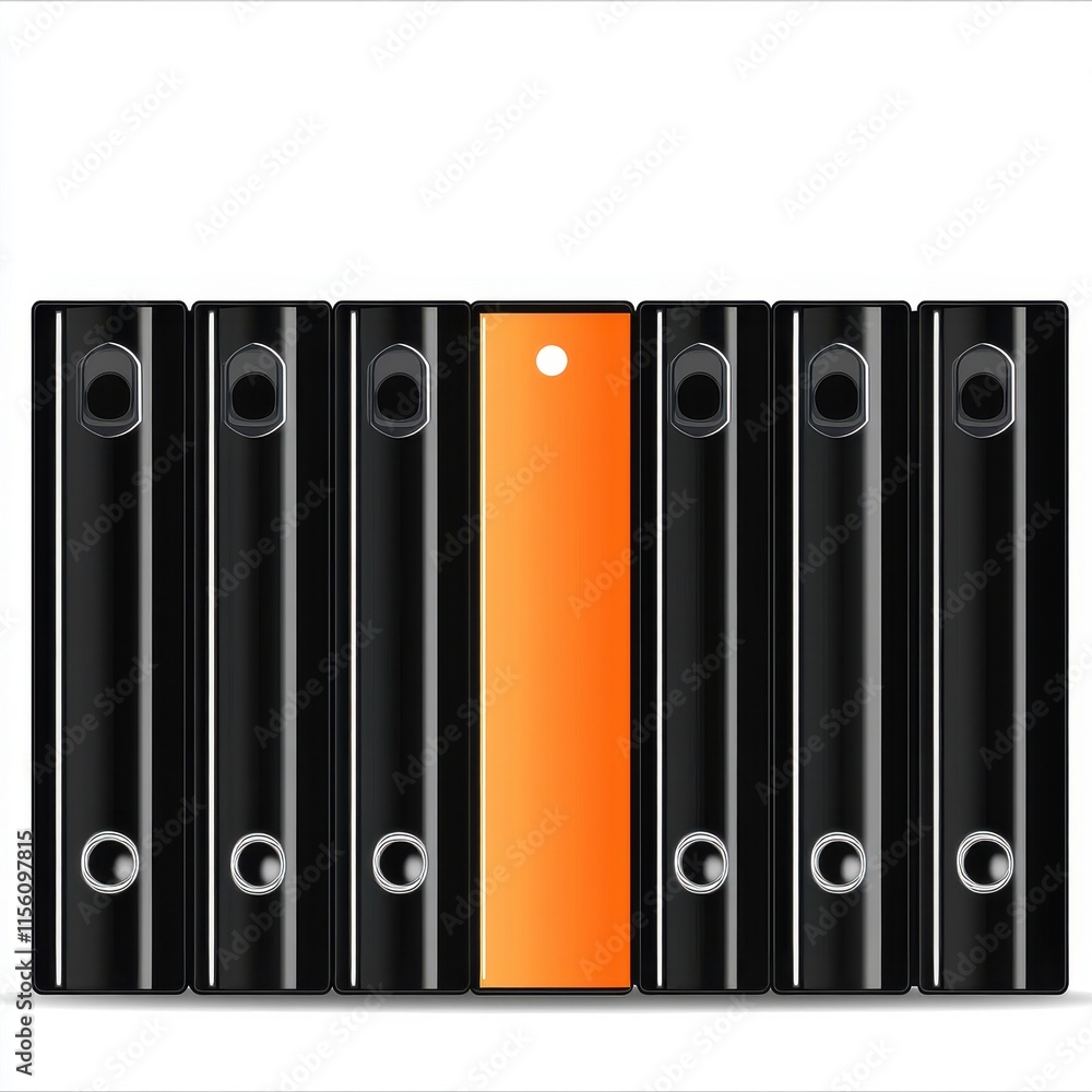 A striking arrangement of black binders with one standout orange binder, creating a bold visual contrast. A striking arrangement of black binders with one standout orange binder, creating a bold visual contrast.