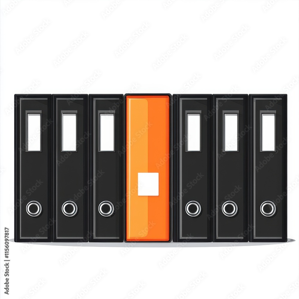 A vibrant orange binder stands out among a row of black binders, symbolizing organization and creativity. A vibrant orange binder stands out among a row of black binders, symbolizing organization and creativity.