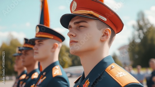 Young Male Soldiers in Uniform at a Military Parade, Standing in Formation with Pride, Showcasing Commitment, Discipline, and National Honor Under Sunny Sky photo