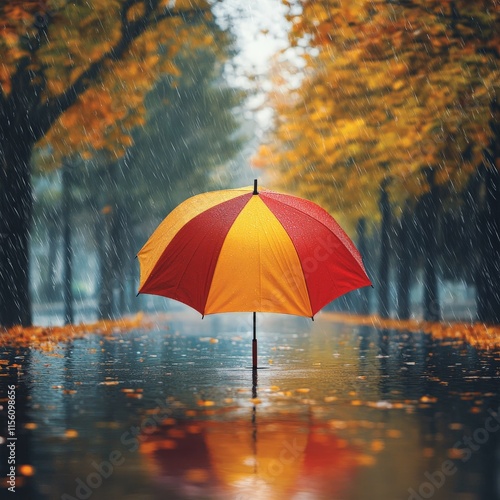 Wallpaper Mural Colorful Umbrella in Rainy Park with Wet Pavement Torontodigital.ca