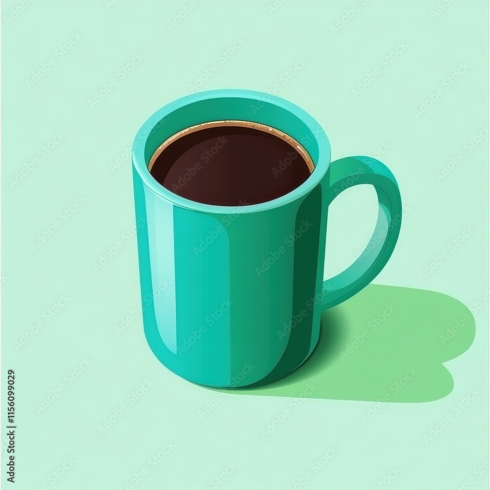 A vibrant teal coffee mug filled with dark coffee, casting a soft shadow on a pastel green background. A vibrant teal coffee mug filled with dark coffee, casting a soft shadow on a pastel green background.