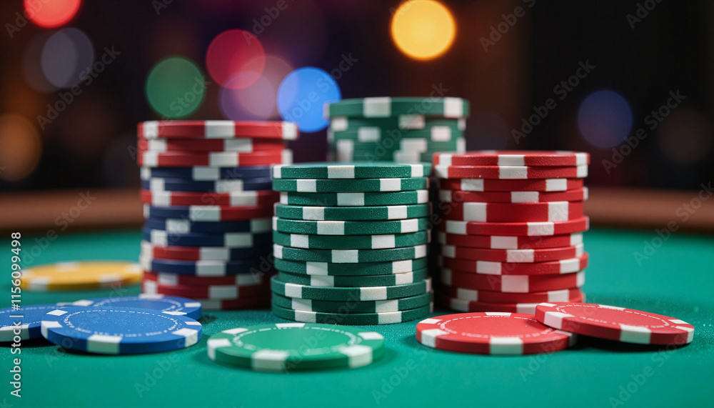 Poker chips stacked on gaming table with colorful background Poker chips stacked on gaming table with colorful background