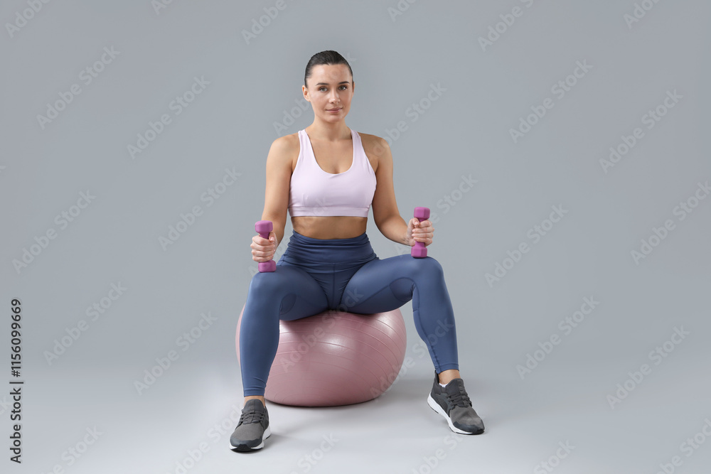 Woman exercising with dumbbells on fitball against light grey background Woman exercising with dumbbells on fitball against light grey background