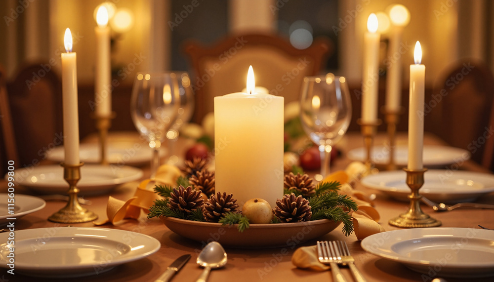 Elegant candlelit dinner table with pine cones and decorations Elegant candlelit dinner table with pine cones and decorations