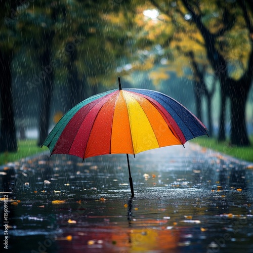 Wallpaper Mural Colorful Umbrella in Rainy Park with Wet Pavement Torontodigital.ca