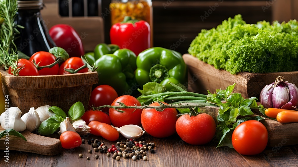 Fresh vegetables and herbs on wooden table. Fresh vegetables and herbs on wooden table.