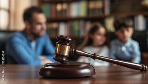 Close up of a judge s gavel in a law office, symbolizing child support amidst divorce proceedings photo