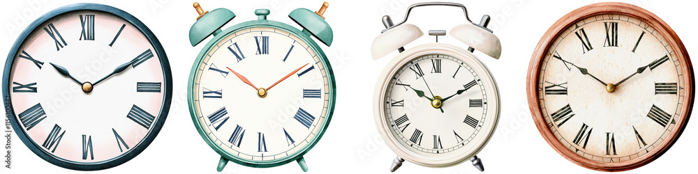 National Retro Day memories, A collection of four distinct clocks displaying various designs and styles, featuring traditional Roman numerals and diverse color schemes. National Retro Day memories, A collection of four distinct clocks displaying various designs and styles, featuring traditional Roman numerals and diverse color schemes.