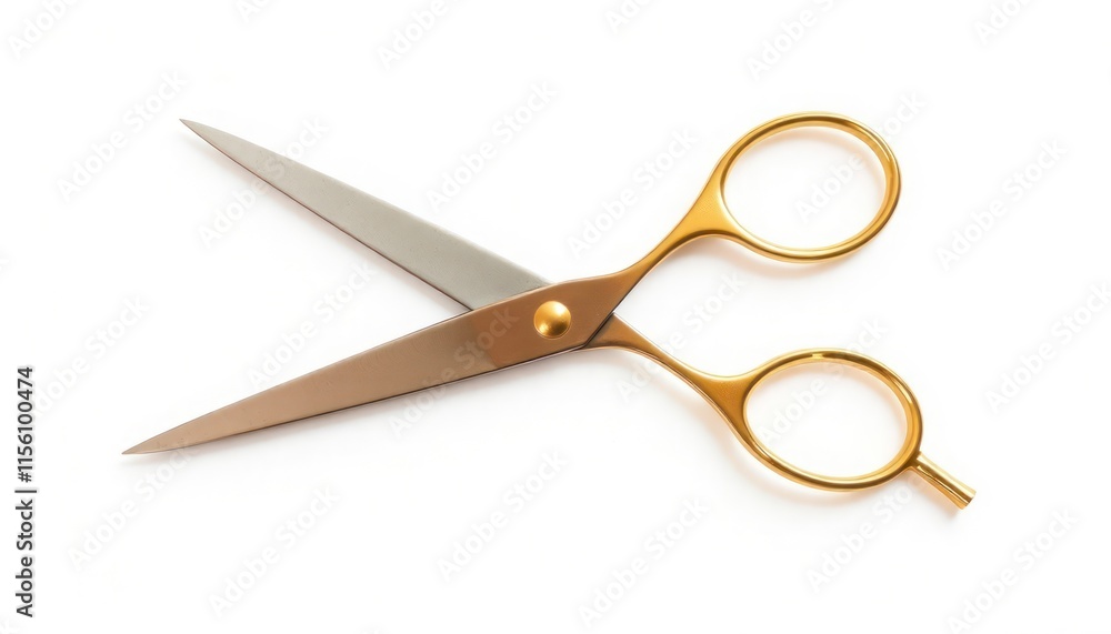 Sharp symmetrical metal scissors with gold handles isolated on white background. Pro tool for cutting hair fabric. High quality metal, design. Suitable for salons tailoring. Sharp cutting instrument. Sharp symmetrical metal scissors with gold handles isolated on white background. Pro tool for cutting hair fabric. High quality metal, design. Suitable for salons tailoring. Sharp cutting instrument.