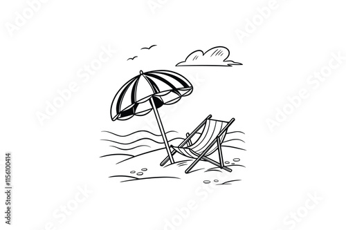 beach umbrella lounge chair line art vector illustration white background