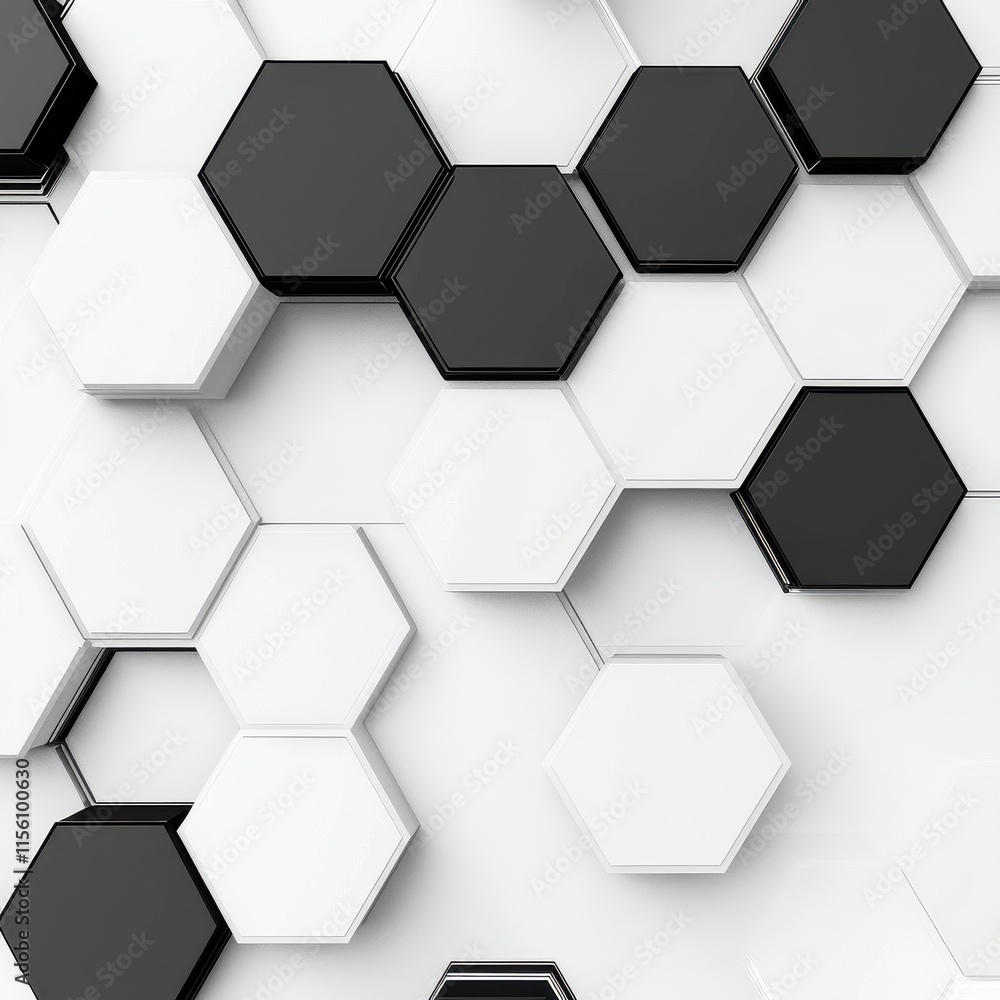 Stylish pattern of interlocking black and white hexagons creating a modern geometric design. Stylish pattern of interlocking black and white hexagons creating a modern geometric design.
