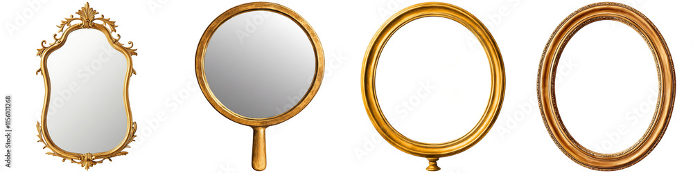 National Retro Day memories, A collection of ornate mirrors featuring various shapes and designs with gold frames. National Retro Day memories, A collection of ornate mirrors featuring various shapes and designs with gold frames.