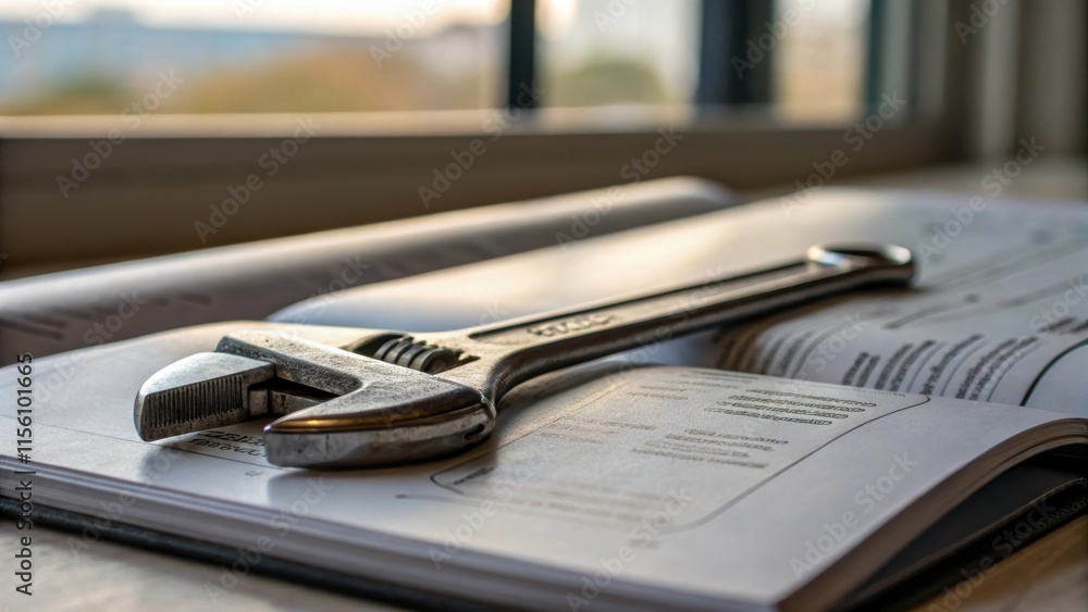 Zoomedin view of a hex key and an adjustable wrench resting atop a folded instruction manual the metallic surfaces reflecting soft light from the nearby window. Zoomedin view of a hex key and an adjustable wrench resting atop a folded instruction manual the metallic surfaces reflecting soft light from the nearby window.