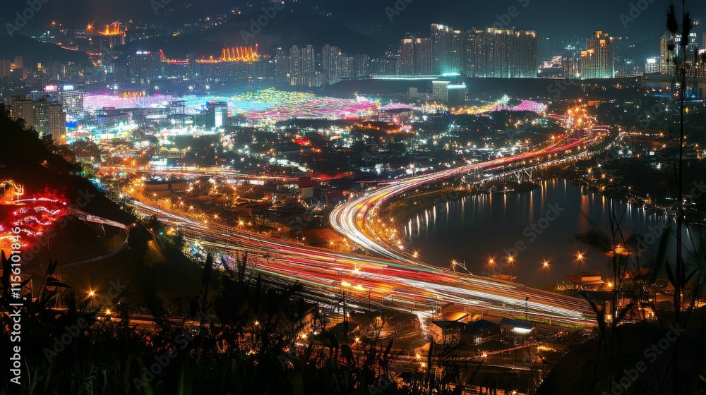 Modern City with Bright Lighting at Night Modern City with Bright Lighting at Night