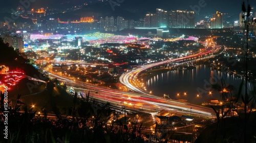 Modern City with Bright Lighting at Night