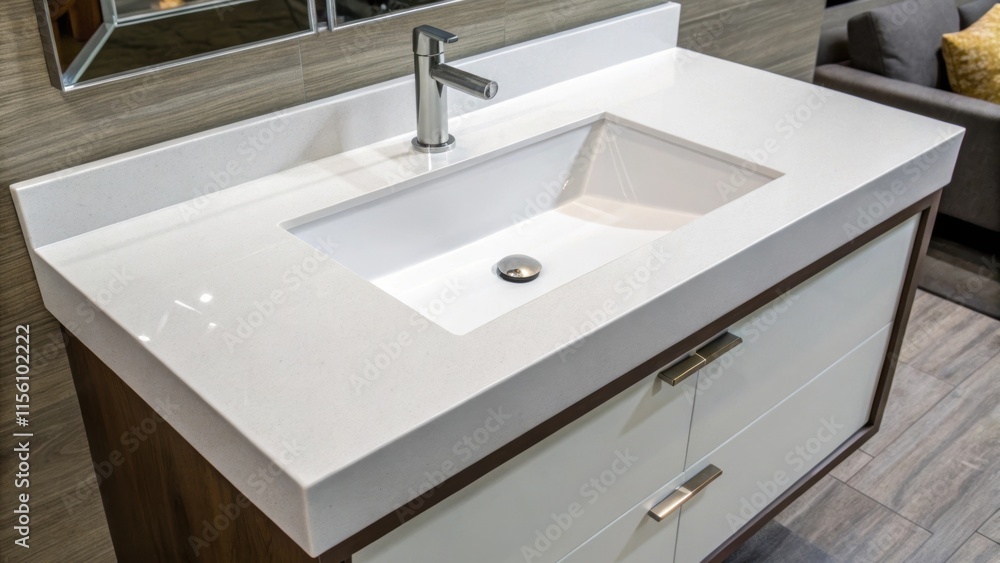 The smooth geometrical shape of a sink vanity is emphasized where the square corners and edges create a modern feel suited to contemporary living spaces. The smooth geometrical shape of a sink vanity is emphasized where the square corners and edges create a modern feel suited to contemporary living spaces.