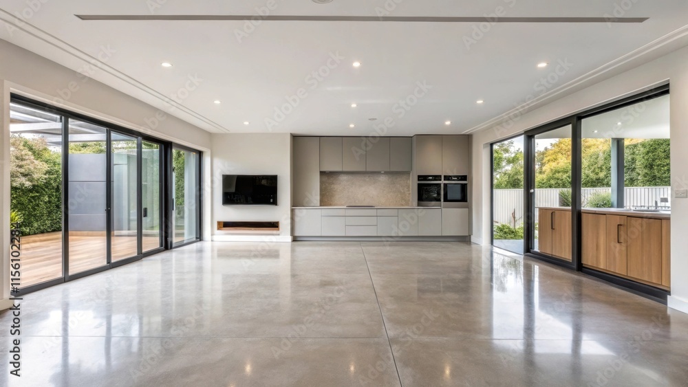The seamless transition from the polished concrete floor to the sleek cabinetry illustrates the modern openplan layout creating an inviting and spacious atmosphere. The seamless transition from the polished concrete floor to the sleek cabinetry illustrates the modern openplan layout creating an inviting and spacious atmosphere.
