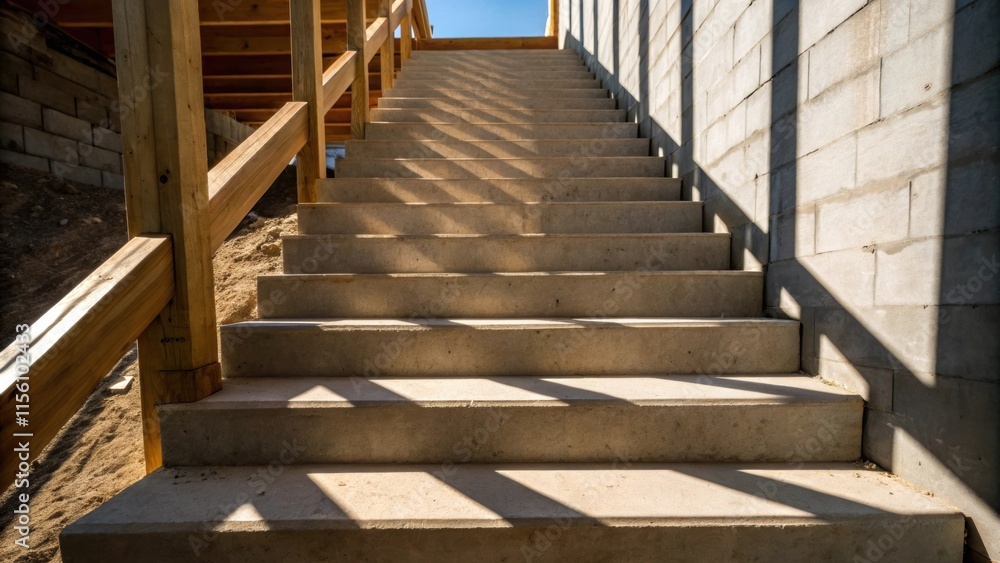 The outline of a stair landing visible from below with unfinished edges casting shadows that accentuate the depth and form of the structure. The outline of a stair landing visible from below with unfinished edges casting shadows that accentuate the depth and form of the structure.