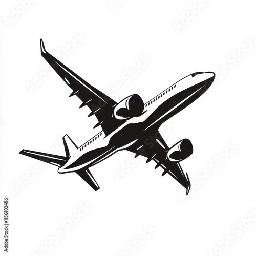 Stylized black and white illustration of an airplane flying overhead, showcasing its sleek design and power.