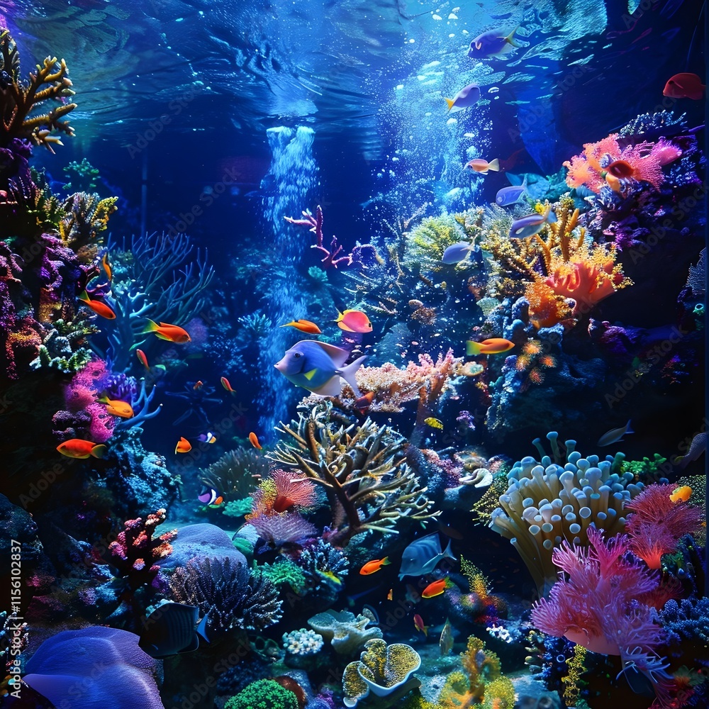 Naklejka premium A lively underwater scene showcasing the vibrant colors and textures of a diverse coral reef in crystal-clear water.