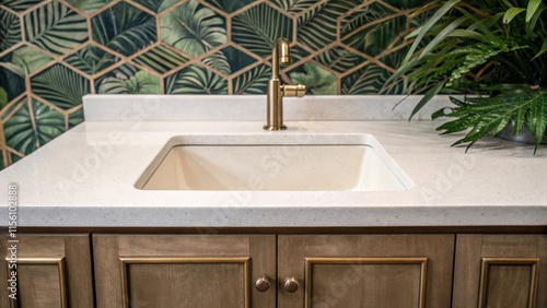 The countertop is the focal point in this closeup with unmounted sink outs highlighting the intersection of design and functionality against a backdrop of lush textures.