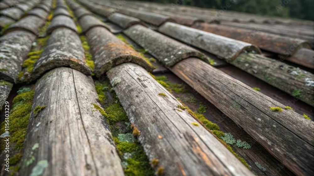 Textured surface of weathered timber beams featuring hints of moss and lichen revealing the beauty of imperfection and the potential for adding historical character to the space.