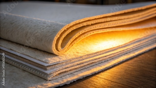 Textural closeup of a pile of underlayment sheets capturing the soft feltlike upper layer contrasted against the firmer base illuminated by warm lighting. photo