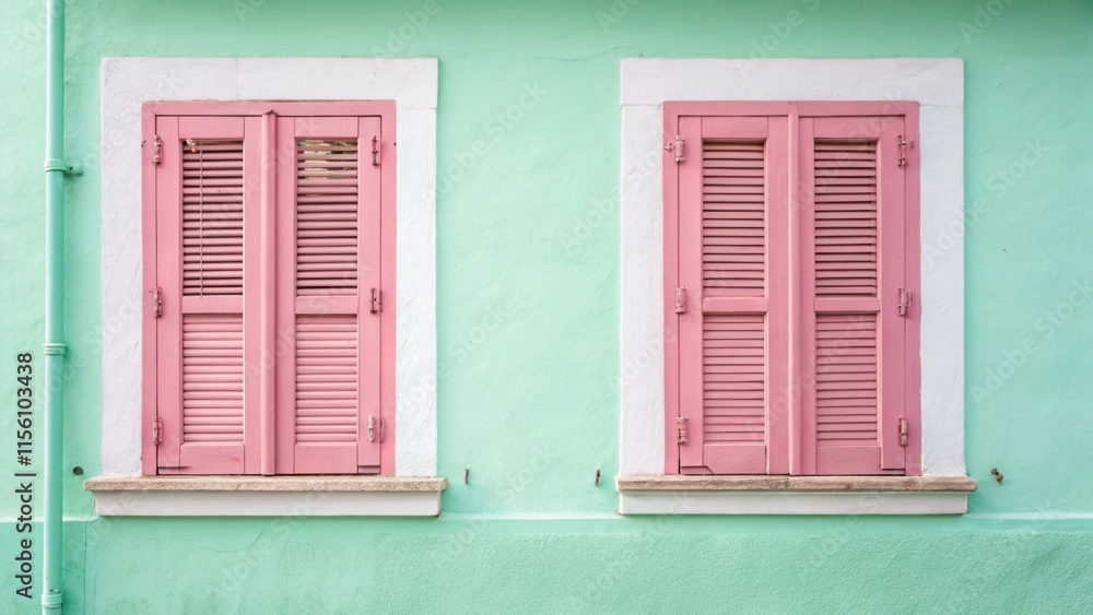 Fototapeta premium Pastel pink shutters against a mint green wall evoke a playful and cheerful vibe each detail of the paint catching the gentle light.