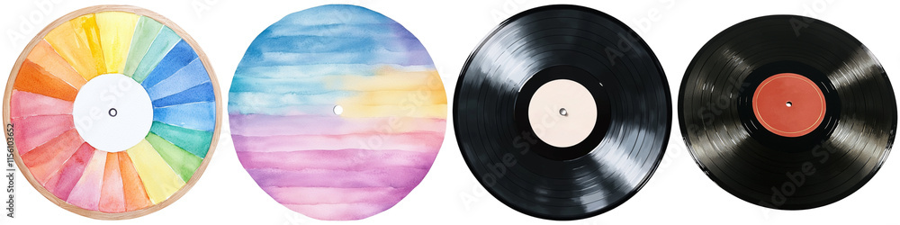 National Retro Day memories, Four vinyl records featuring colorful designs, including abstract patterns and classic black finishes. National Retro Day memories, Four vinyl records featuring colorful designs, including abstract patterns and classic black finishes.