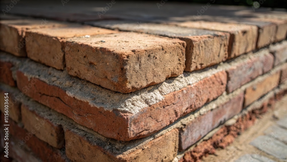 For a dramatic effect the image focuses on the layered edges of a slightly protruding brick revealing its chipped corners and the sedimentary layers beneath. For a dramatic effect the image focuses on the layered edges of a slightly protruding brick revealing its chipped corners and the sedimentary layers beneath.
